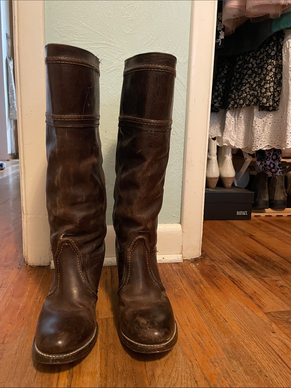 Frye Jane Brown Leather Knee-High Block Heel Boots
